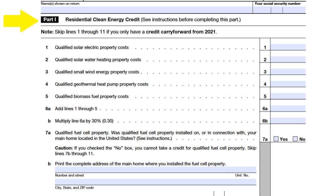 Screenshot of Form 5695 featuring a yellow arrow directing focus to the "Part 1: Residential Clean Energy Credit" section.